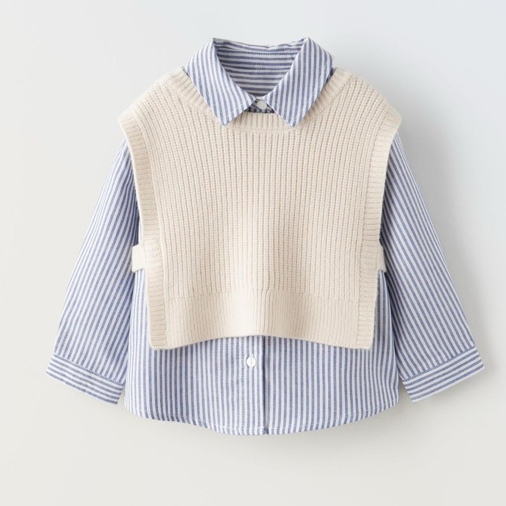 Zara Girls Blue Striped Shirt with Cream Knit Overlay